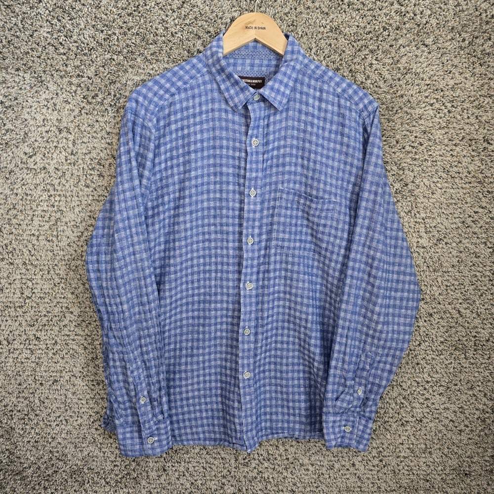 Johnston & Murphy Shirt Mens Large Blue Button Up Linen Blend Gingham Check